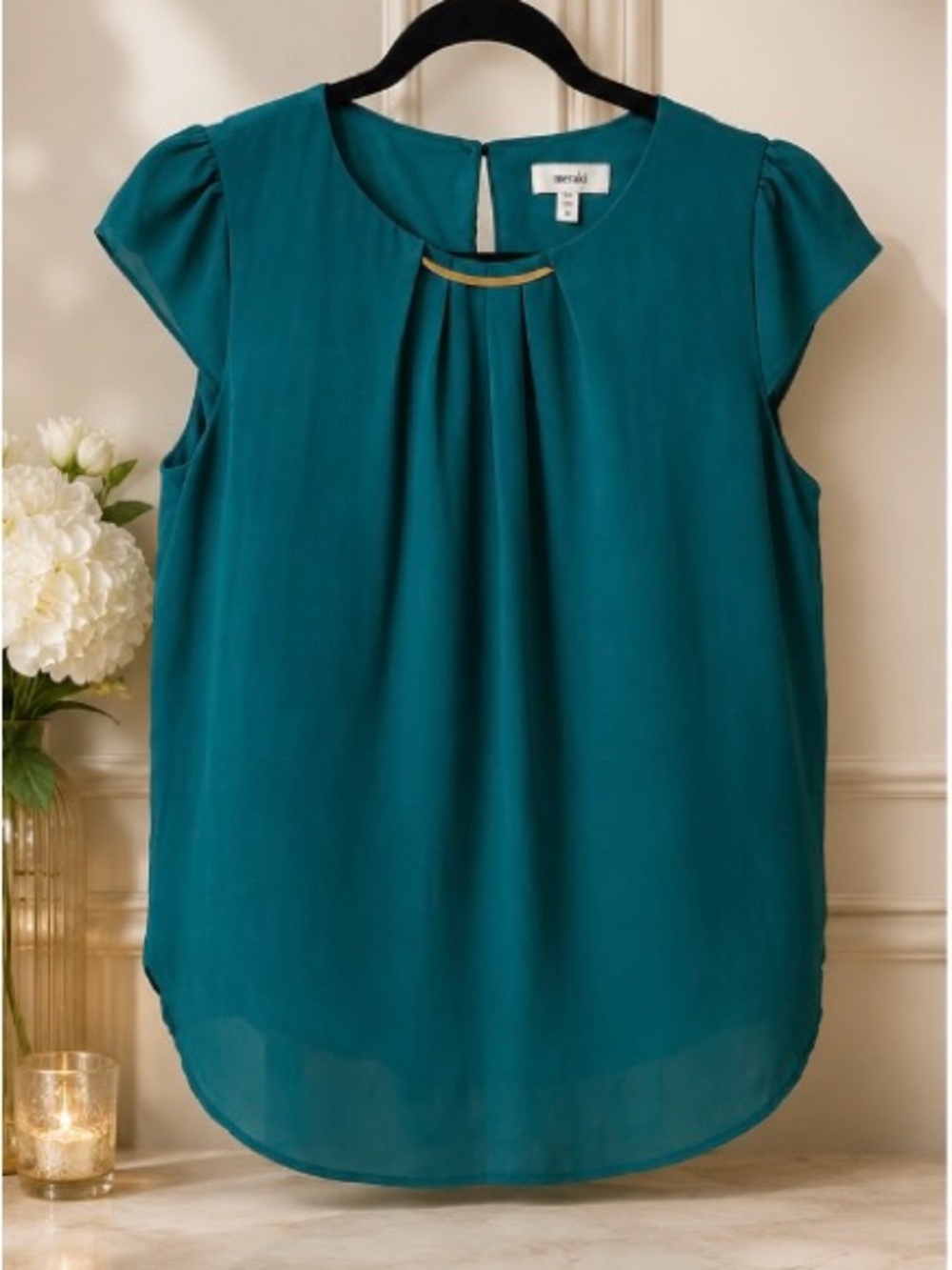Emerald Teal Cap-Sleeve Blouse with Gold Neck Bar